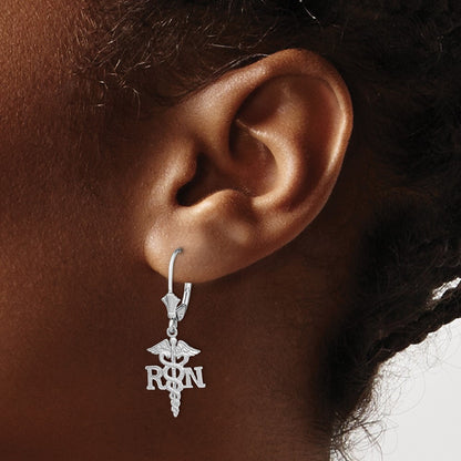 RN Caduceus Leverback Earrings — 14K White Gold