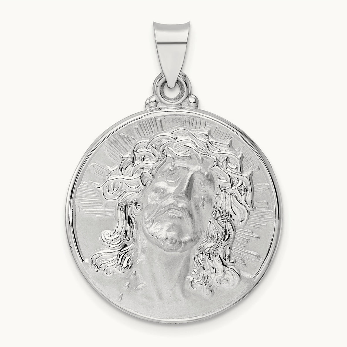 Polished and Satin Hollow Jesus Face Disc Pendant — 28mm