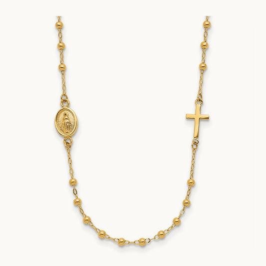 Polished Miraculous Medal and Cross Rosary Design Necklace, 14K