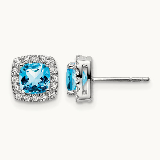 Cushion Blue Topaz and Diamond Halo Earrings — 7.8mm