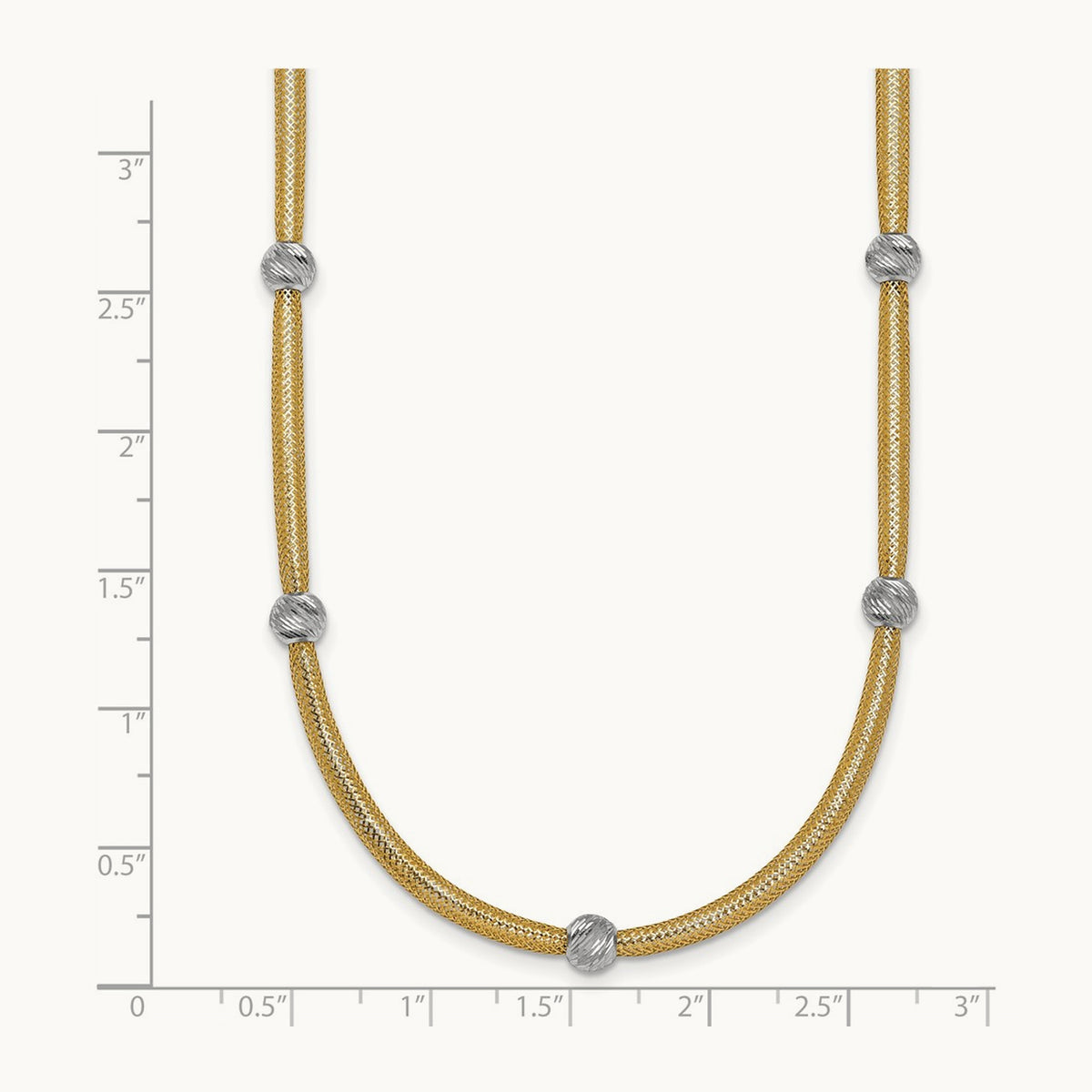 Polished w/Rhodium D/C Bead Flexible Mesh Necklace, 14K