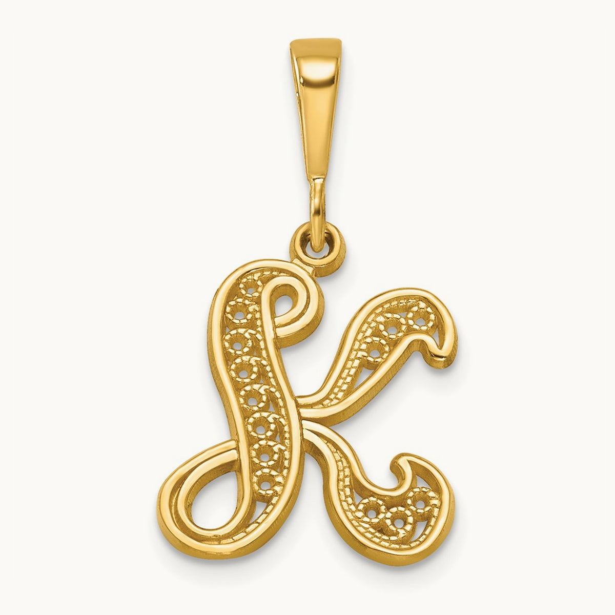 Polished Script Filigree Initial Pendant — K