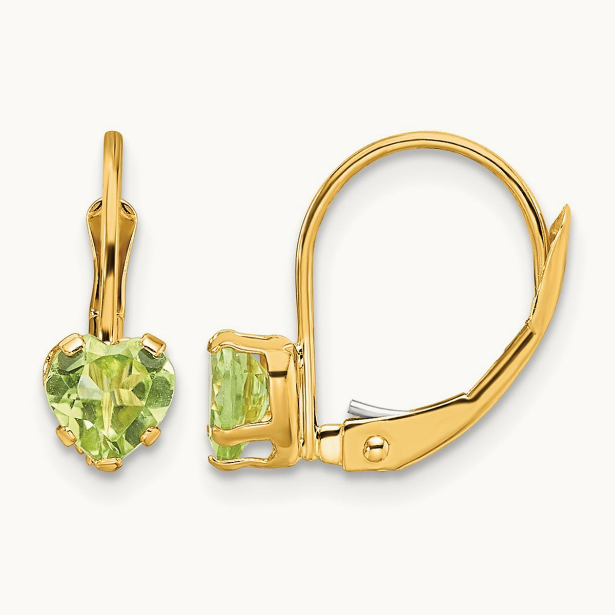 Heart Peridot Leverback Earrings — 14K Yellow Gold