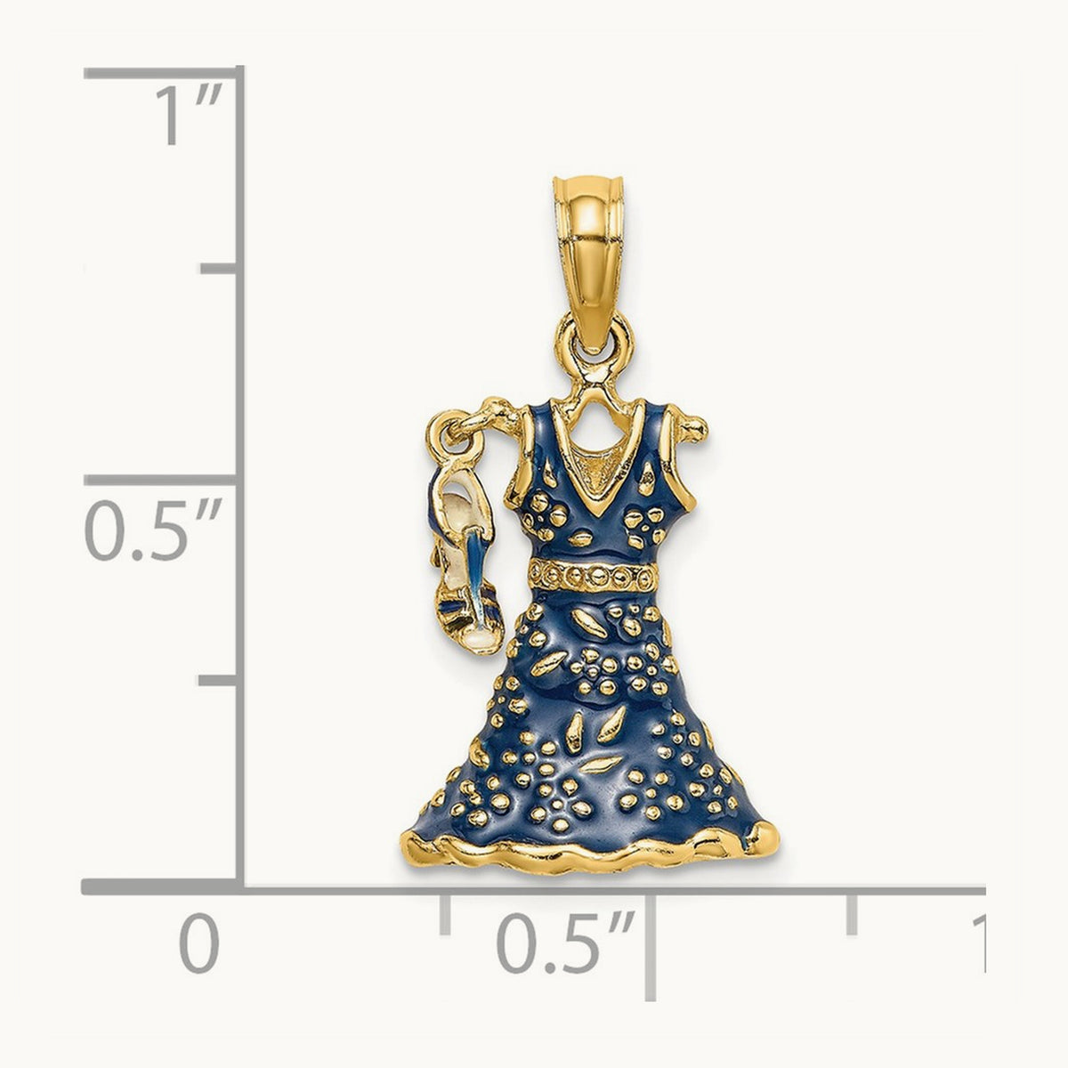 3-D Moveable Enamel Blue Floral Dress w/ Shoe Charm, 14K
