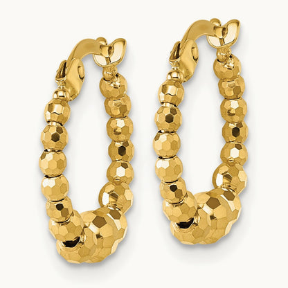 Polished Diamond-cut Beaded Hoop Earrings, 14K
