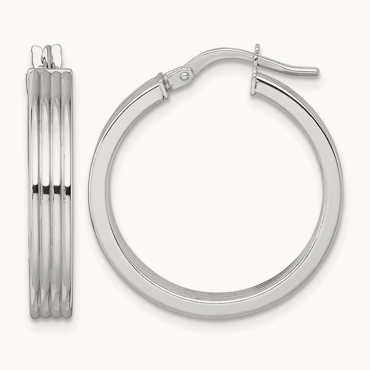 Polished Grooved Hoop Earrings — 14K White Gold, 24mm