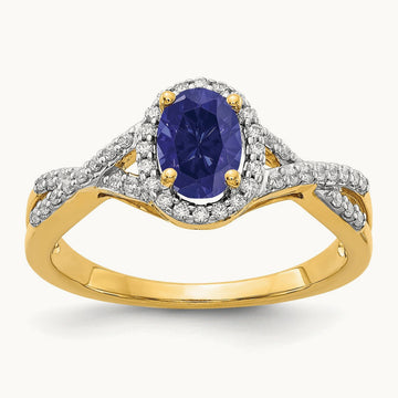 Created Blue Sapphire Oval Halo Ring, 0.20 ct tw Lab-Grown Diamond — 14K Yellow Gold