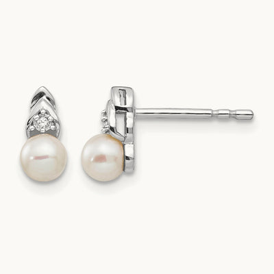Freshwater Cultured Pearl and Diamond Post Earrings — 14K White Gold, 9mm