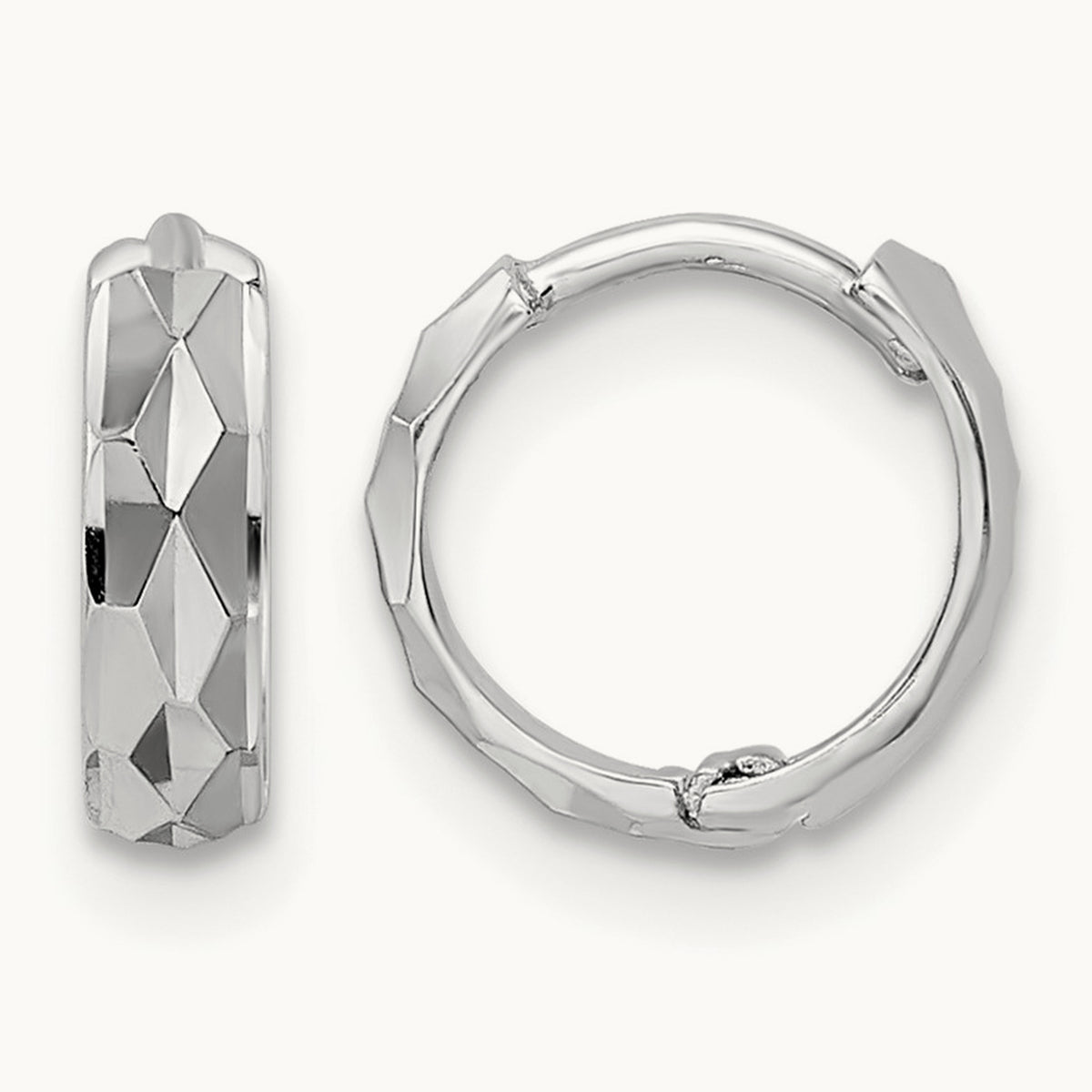 Diamond-cut Hinged Hoop Earrings — 14K White Gold