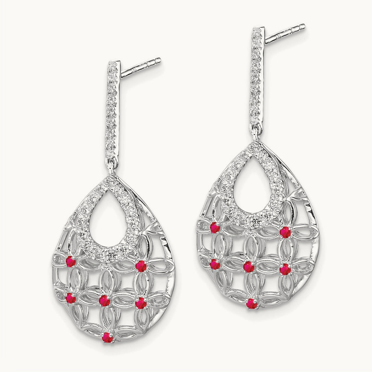 Ruby and Diamond Dangle Earrings, 14K White Gold