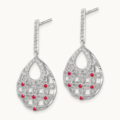 Ruby and Diamond Dangle Earrings, 14K White Gold