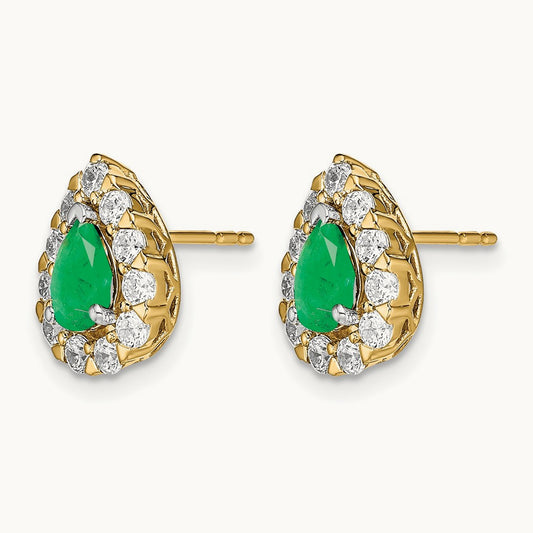Pear Emerald and Diamond Halo Post Earrings, 14K