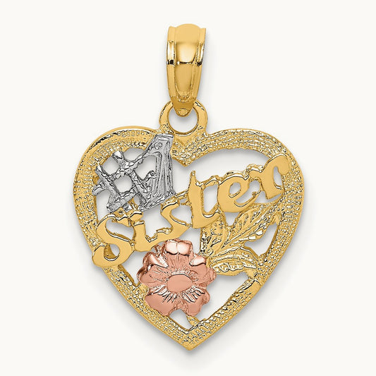 Rhodium #1 SISTER In Heart w/ Flowers Charm, 14K Two-tone White
