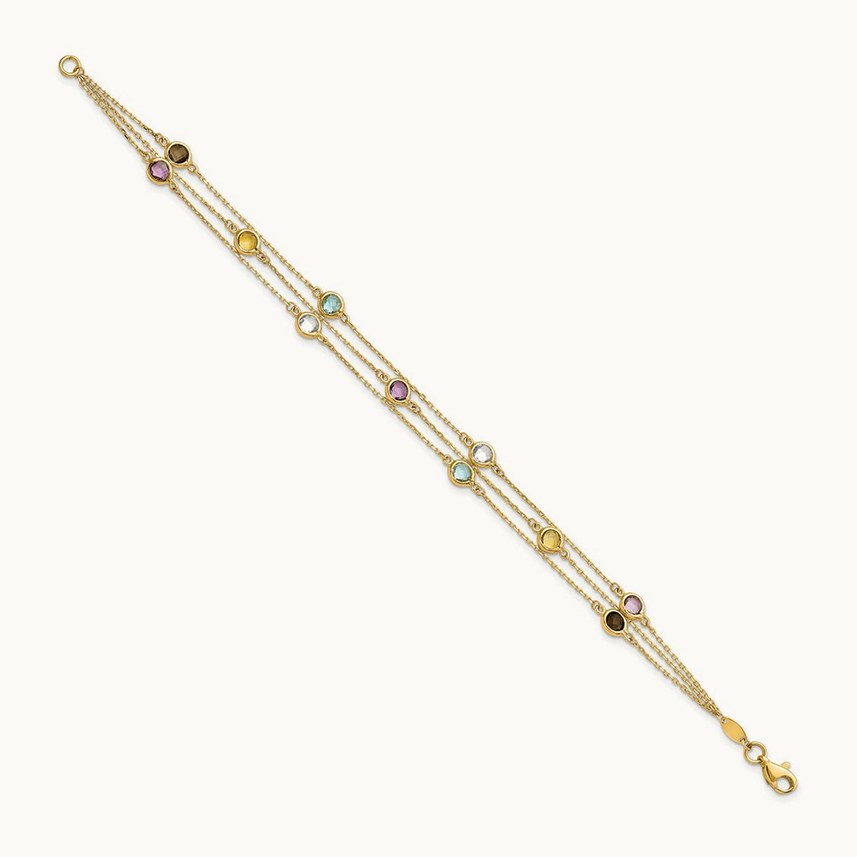 Smoky Quartz White Quartz/BT/CI/AM 3-strand 7.5in Bracelet, 14K