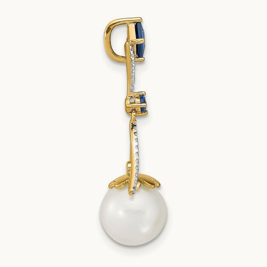Diamond 8- Round FWC Pearl/Created Sapphire Chain Slide, 9mm, 14K