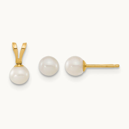 Children's 4- White FWC Pearl Pendant and Earring Set, 5mm, 14K