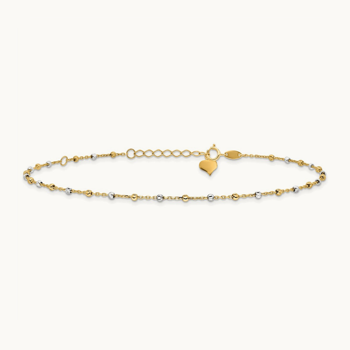 Polished and Diamond-cut Beads 10in Plus 1in ext. Anklet, 14K Two-tone