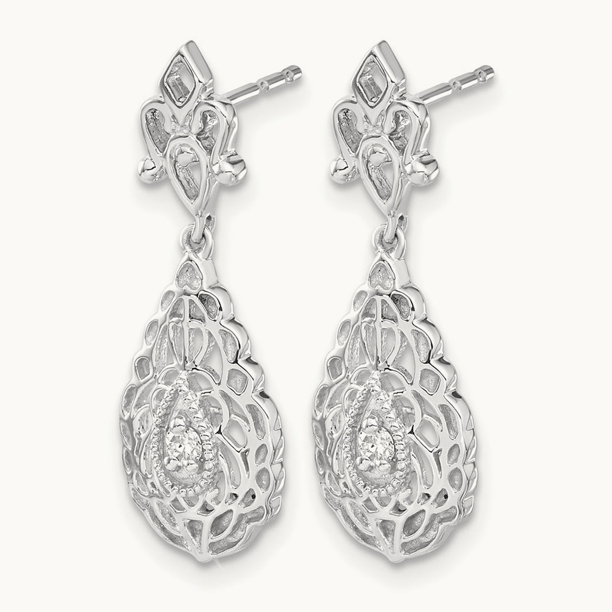 Diamond Teardrop Vintage Post Earrings, 14K White Gold