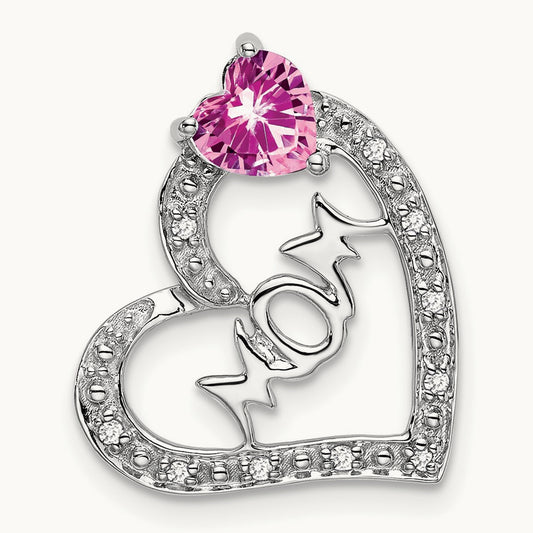 Created Pink Sapphire/Diamond MOM Heart Pendant, 14K White Gold