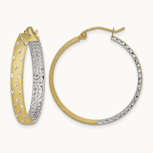 w/White Rhodium Polished Satin Diamond-cut In/Out Hoop Earrings, 14K