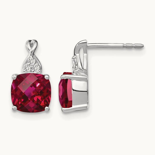 Checkerboard Created Ruby and Lab-Grown Diamond Earrings — 14K White Gold