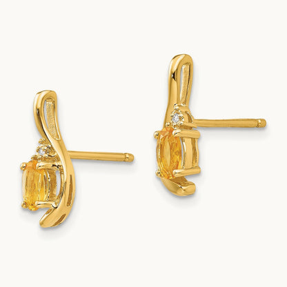 Citrine and Diamond Post Earrings — 14K Yellow Gold
