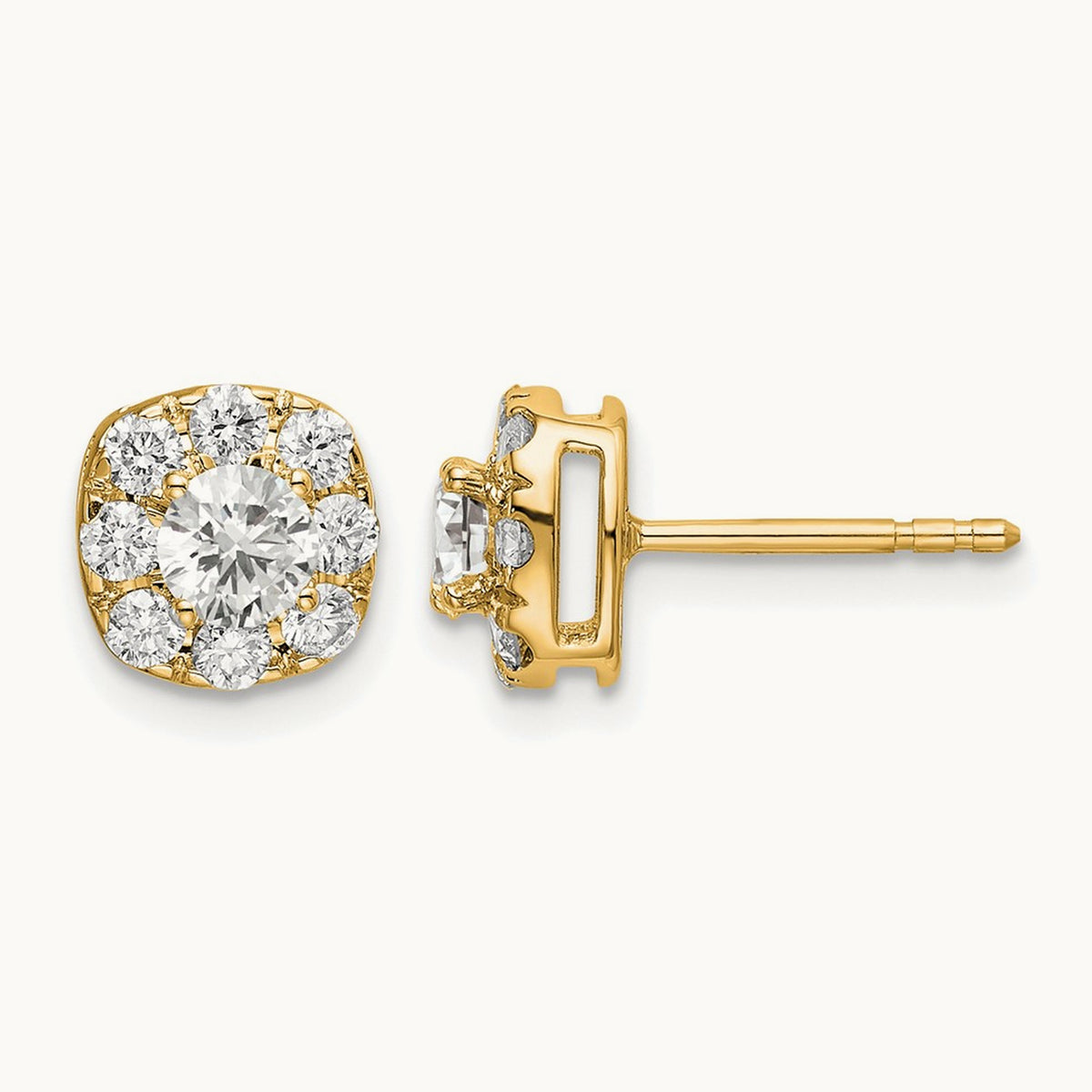 Cushion Halo Post Earrings, 0.25-1.00 ct tw Lab-Grown Diamond — 1 ct, 14K Yellow Gold