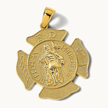 Large FD St. Florian Badge Pendant — 14K Yellow Gold