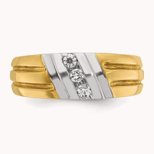 14ktt IBGoodman Men's Polished and Grooved 3-Stone Diamond Ring