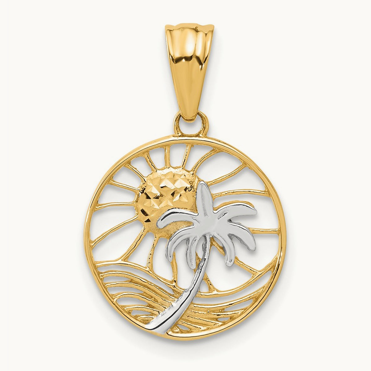 Ocean and Palm Tree Round Pendant, 14K with White Rhodium
