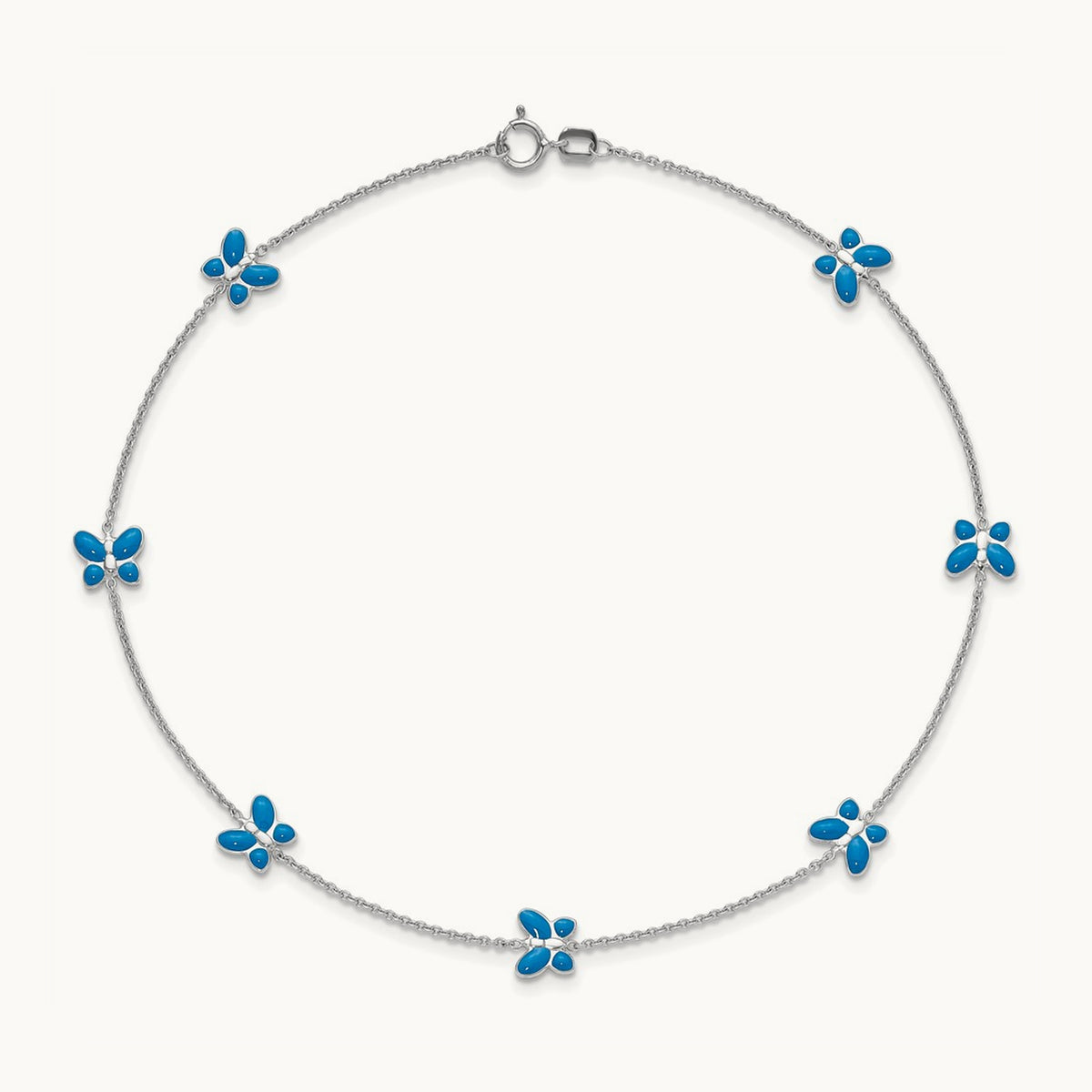 Blue Enameled Butterfly 10inch Anklet, 14K White Gold