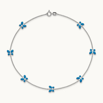 Blue Enameled Butterfly 10inch Anklet, 14K White Gold