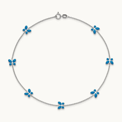 Blue Enameled Butterfly 10inch Anklet, 14K White Gold