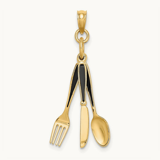 3-D Enamel Knife, Fork, Spoon Moveable Charm, 14K