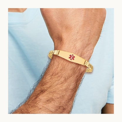 Semi-Solid Medical Soft Diamond Shape Red Enamel Figaro ID Bracelet, 14K