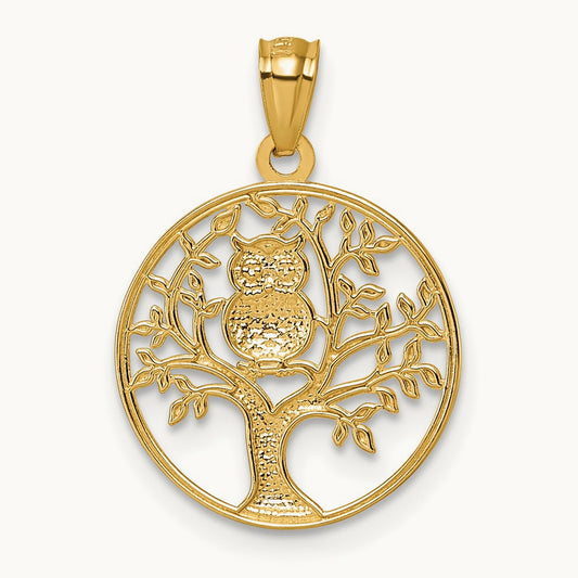 Textured Owl Sitting In Tree In Circle Pendant, 14K with Rhodium