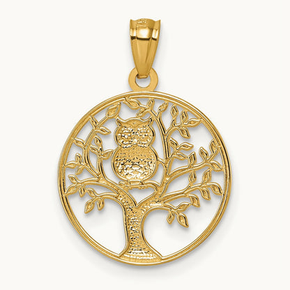 Textured Owl Sitting In Tree In Circle Pendant, 14K with Rhodium