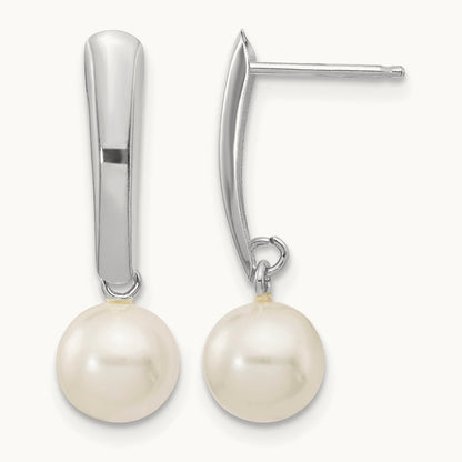 6- Round White FWC Pearl Post Dangle Earrings, 7mm, 14K White Gold