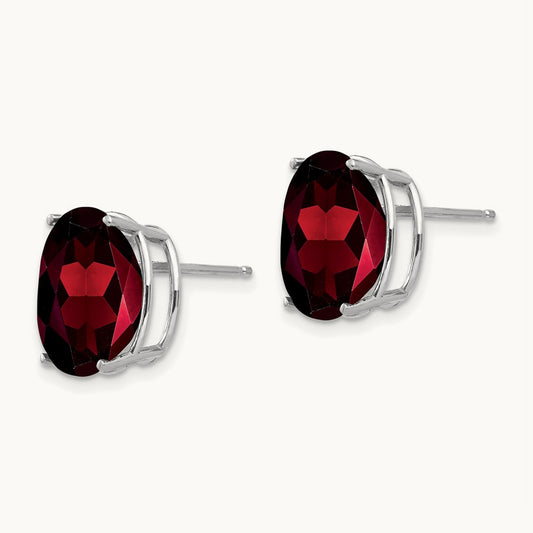 Oval Garnet Stud Earrings, 14K White Gold