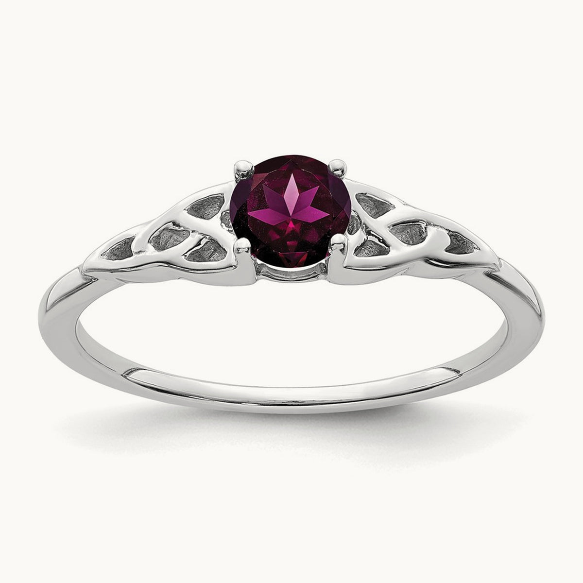 Rhodolite Garnet Celtic Knot Ring — 14K White Gold, 7