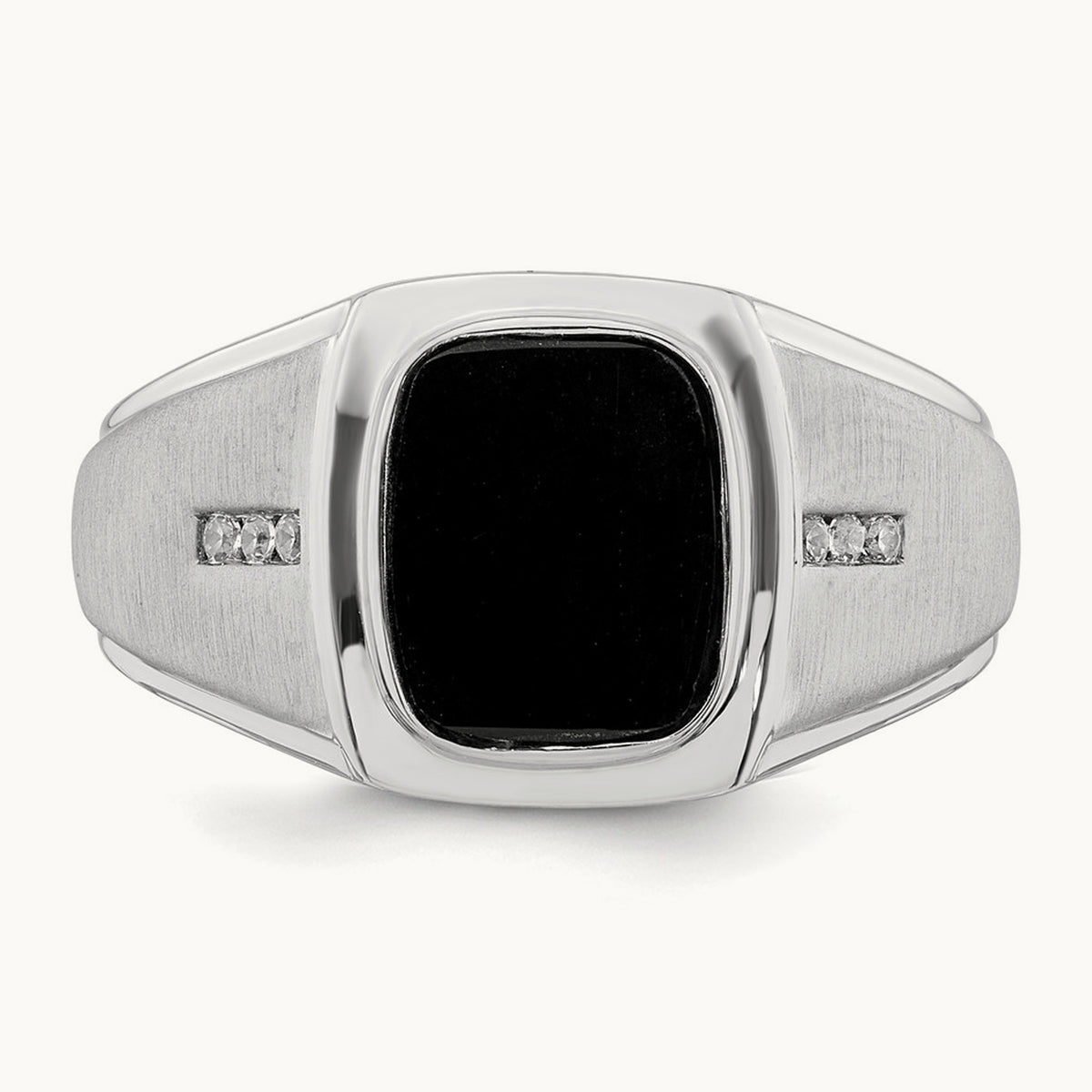 Polished & Satin Onyx & Diamond Mens Ring, 14K White Gold