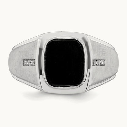 Polished & Satin Onyx & Diamond Mens Ring, 14K White Gold