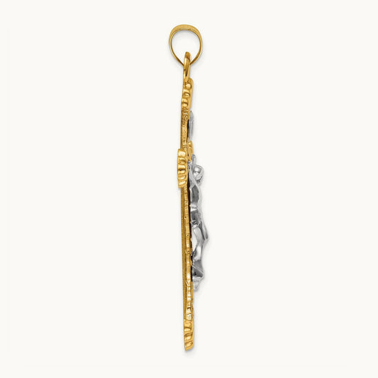 Polished Hollow INRI Budded Crucifix Pendant, 14K Two-tone