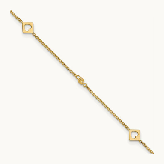 Link Hearts and D/C Beads 9in Plus 1in ext Anklet, 14K