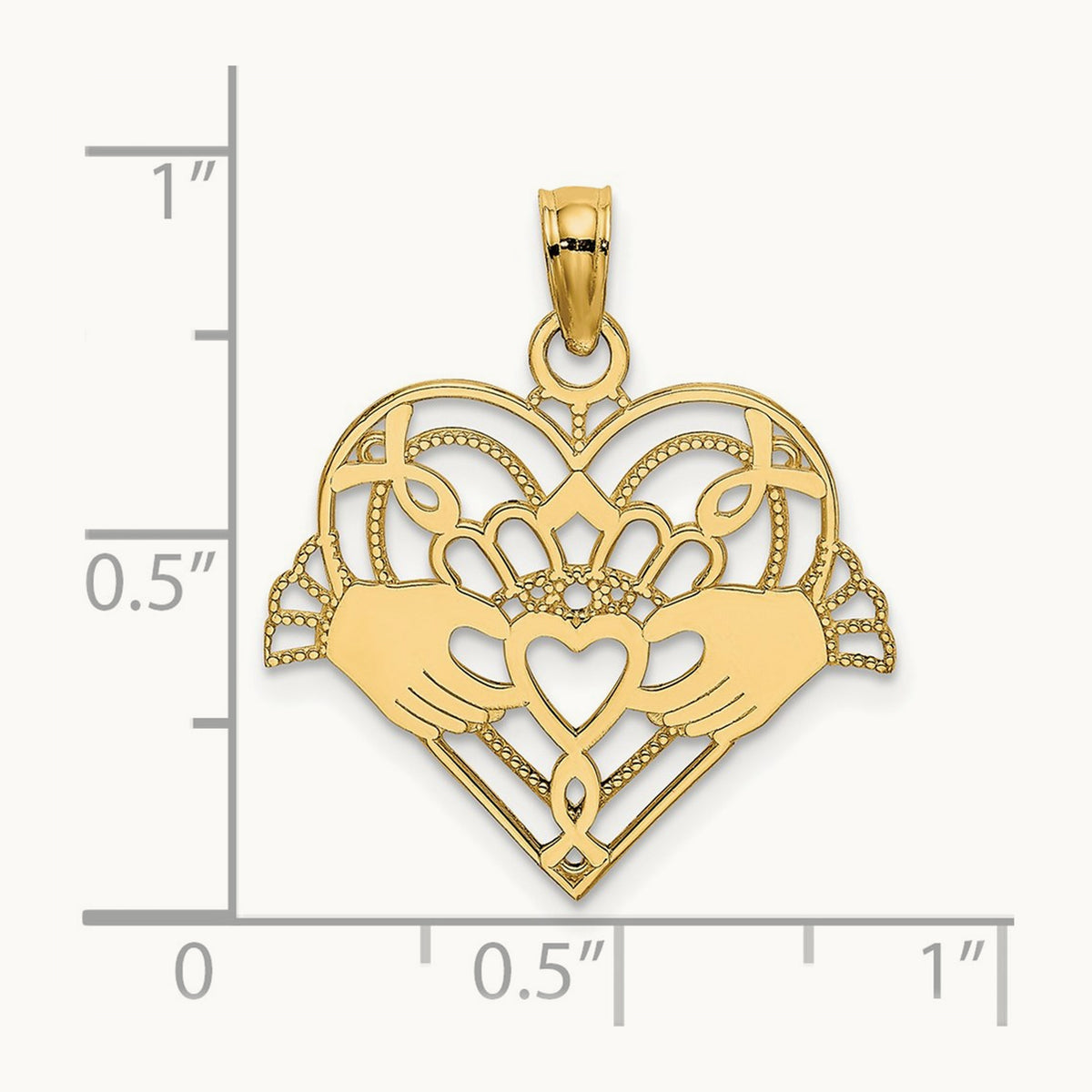 Polished and Beaded Claddagh In Heart Charm — 14K Yellow Gold
