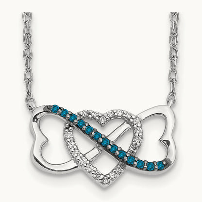 w/ Blue and White Diamond Triple Heart 17in Necklace, 14K White Gold