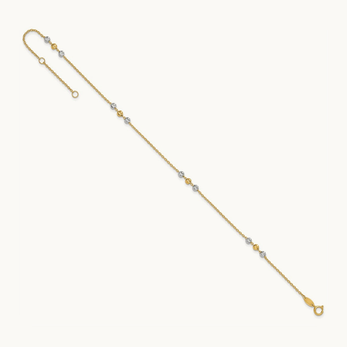 Polished Diamond-cut Beaded 9in Plus 1 in ext. Anklet, 14K Two-tone
