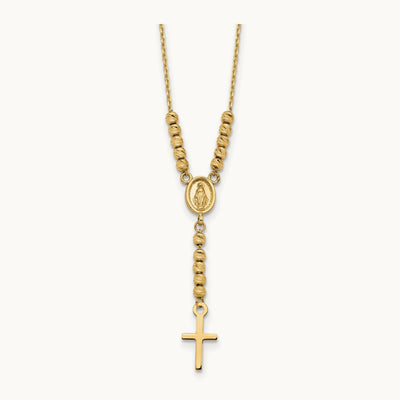 Polished D/C Bead Miraculous Medal and Cross 17in Necklace, 14K