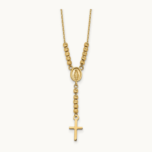 Polished D/C Bead Miraculous Medal and Cross 17in Necklace, 14K