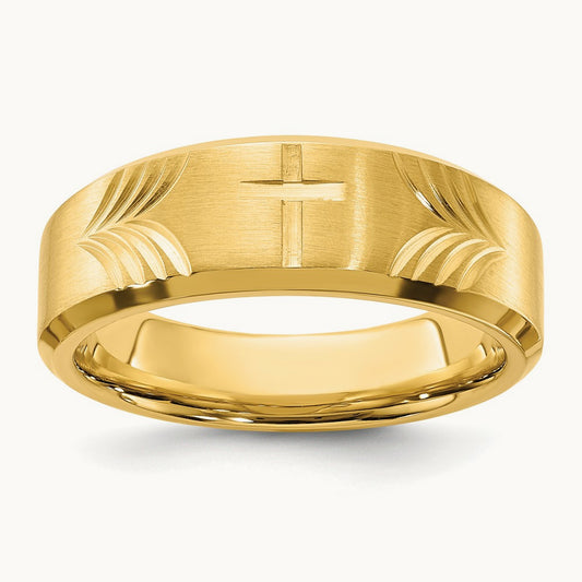 Brushed & Polished Yellow IP D/C Cross Tapered Band, 8mm, Stainless Steel